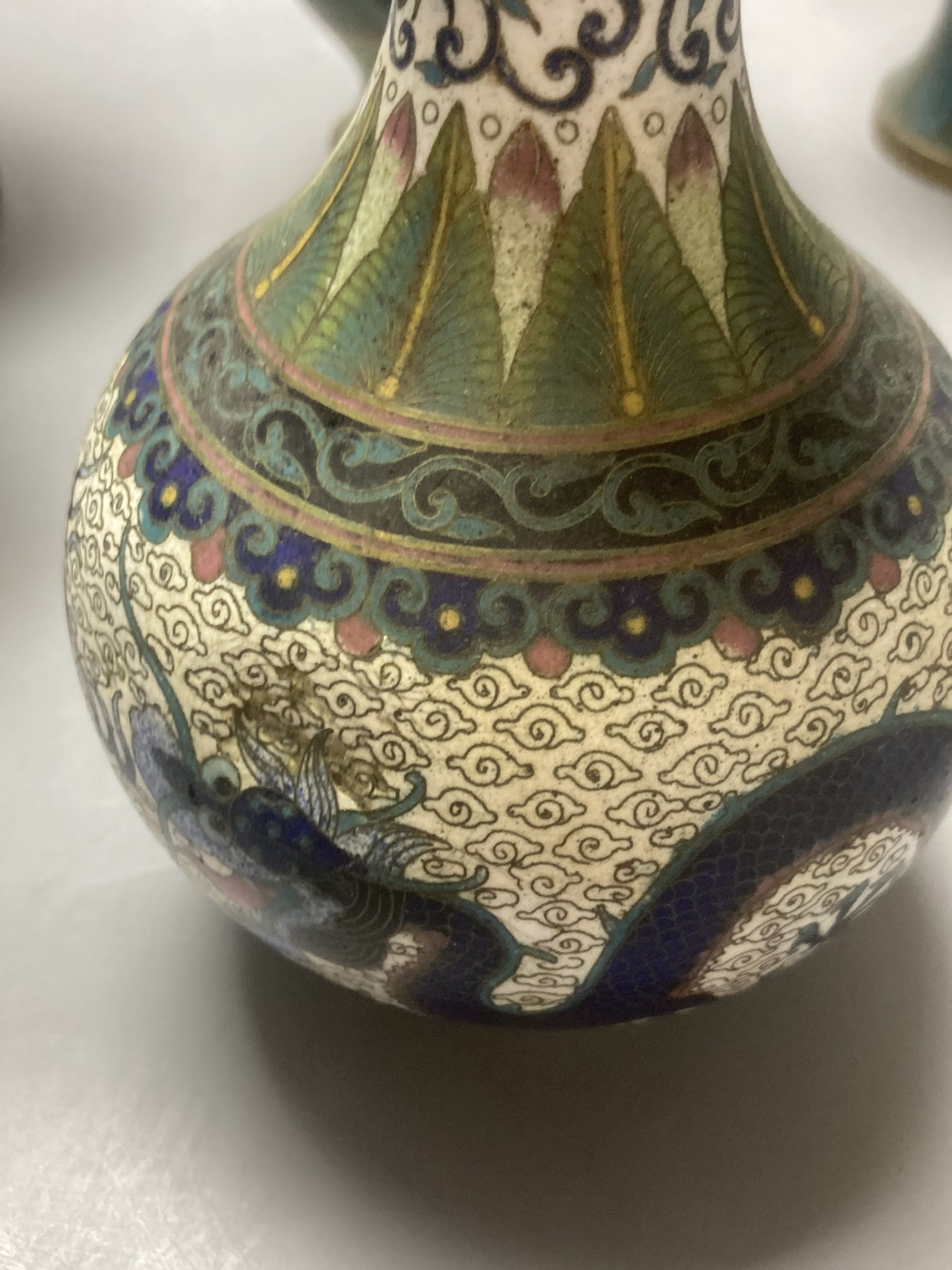 Three pairs of cloisonne vases and a lidded pot, tallest 23cm